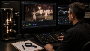 Técnico realizando restauração de película antiga com scanner, monitor de imagem e instrumentos de correção de cor.