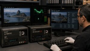 Técnico revisando a digitalização de fitas U-Matic e Betacam SP com monitores de vídeo e instrumentos de análise de sinal.