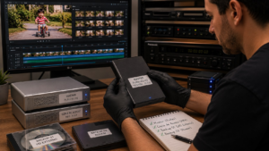 Técnico organizando arquivo master em ProRes, cópia de acesso em MP4 e backups de vídeos digitalizados.