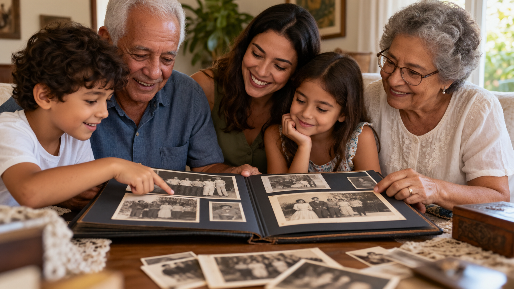 Família observando fotos antigas restauradas em álbum.