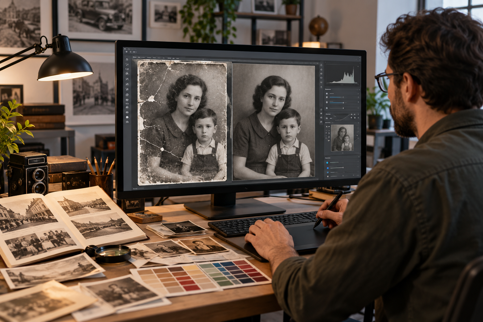 Profissional realizando colorização cuidadosa de fotografia antiga digitalizada