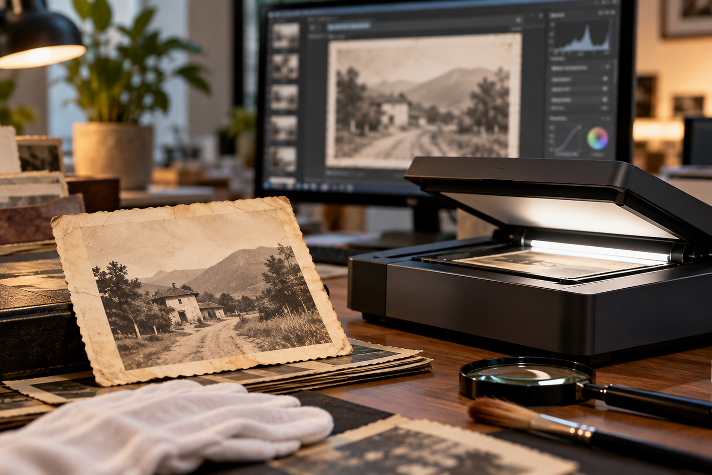 Fotografia antiga digitalizada em processo de restauração com revisão profissional.