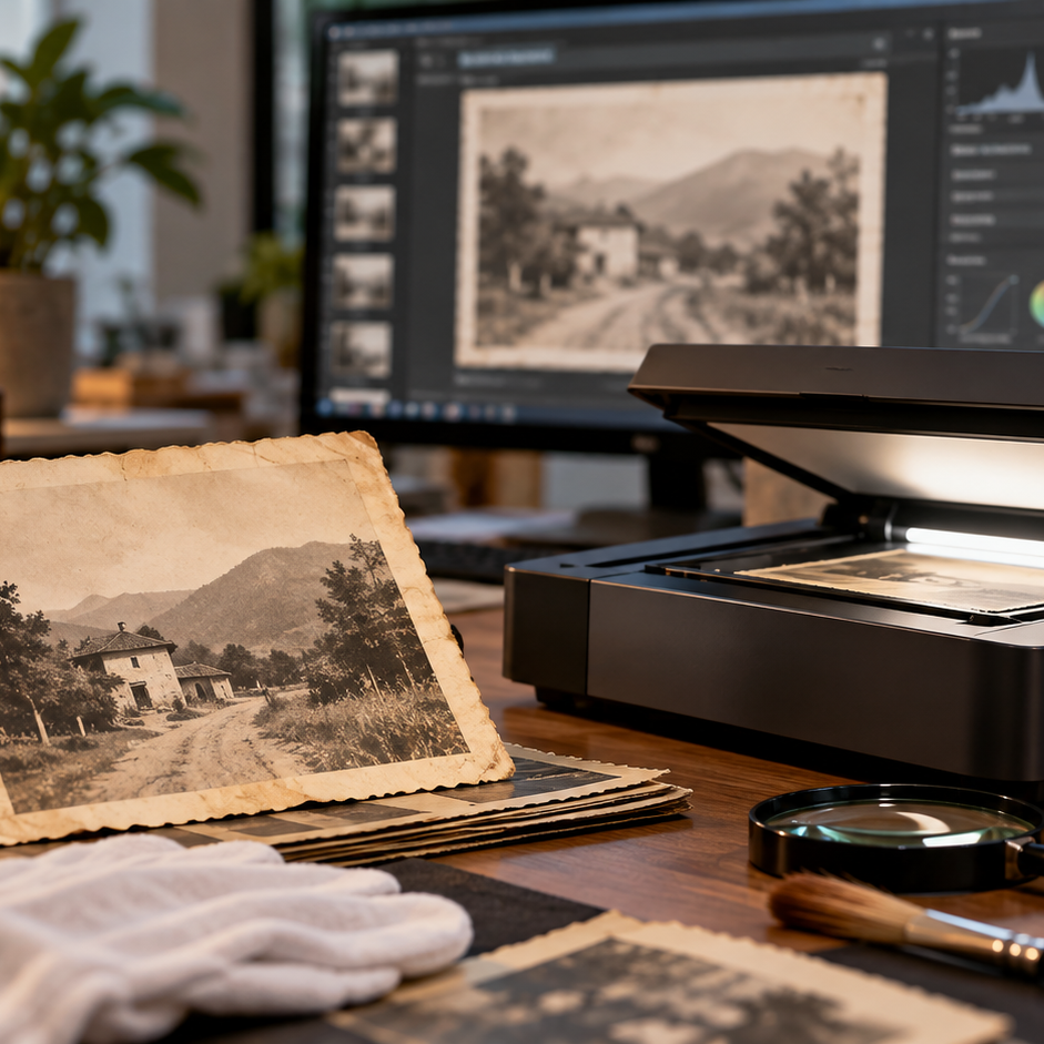 Fotografia antiga digitalizada em processo de restauração com revisão profissional.