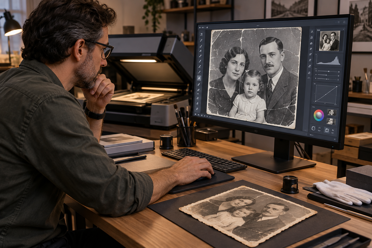 Profissional revisando detalhes de fotografia antiga restaurada em monitor.