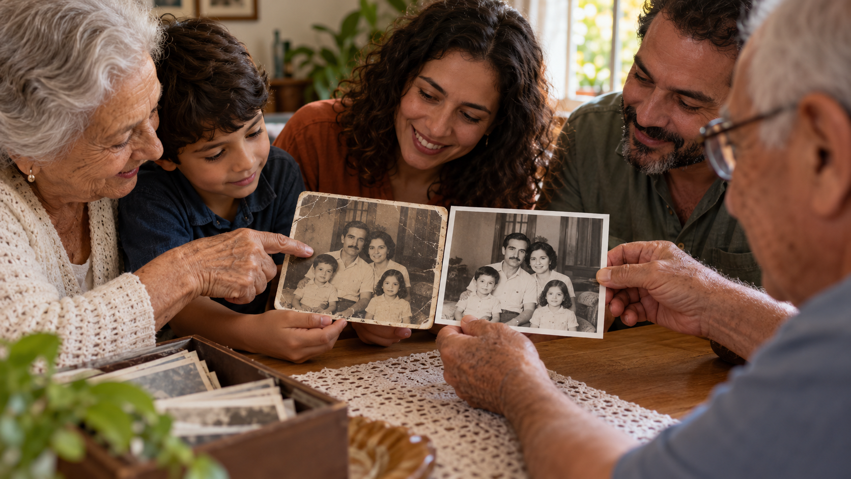 Fam&iacute;lia comparando foto antiga original e vers&atilde;o restaurada.