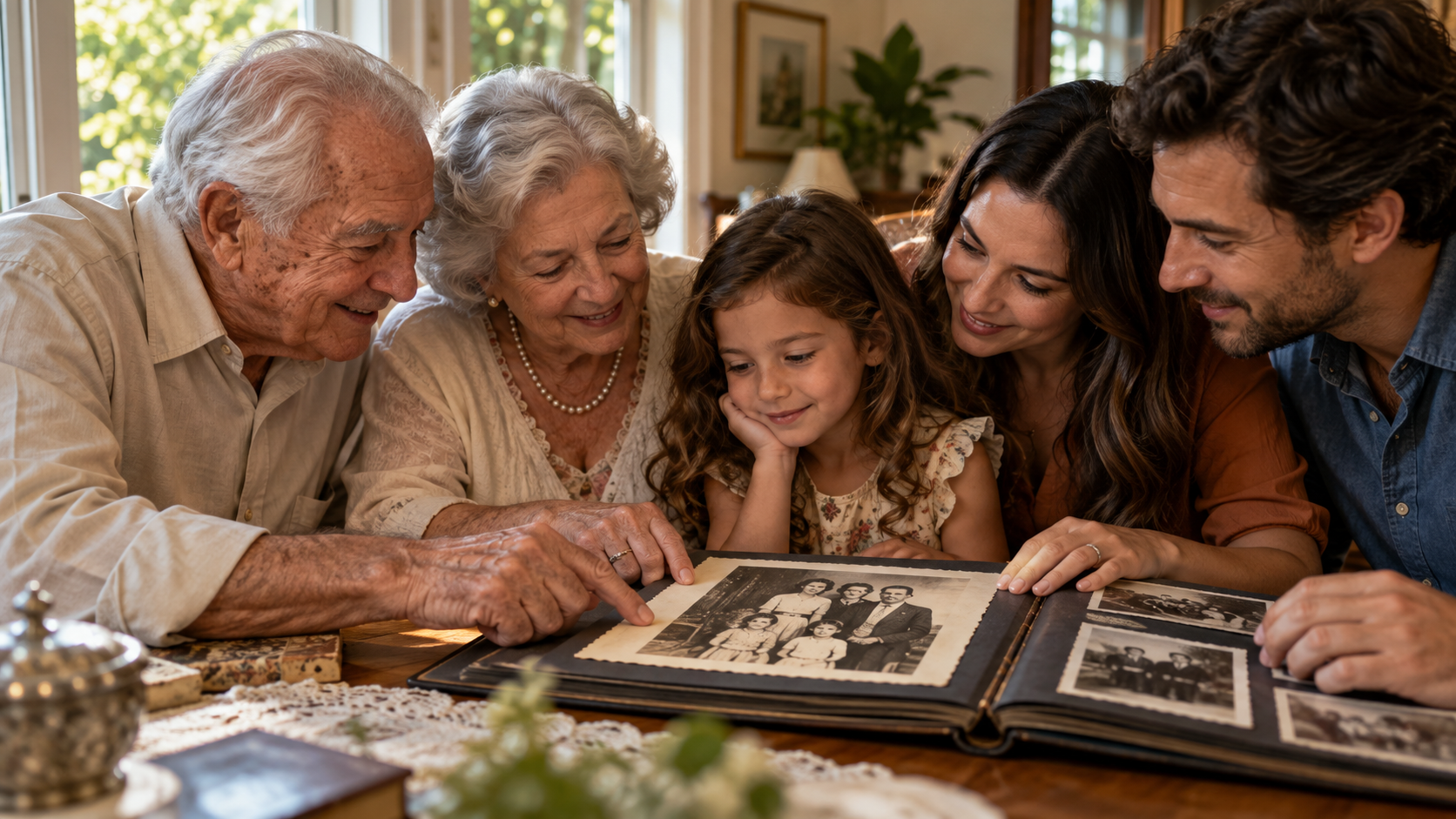 Fam&iacute;lia observando uma fotografia antiga restaurada.