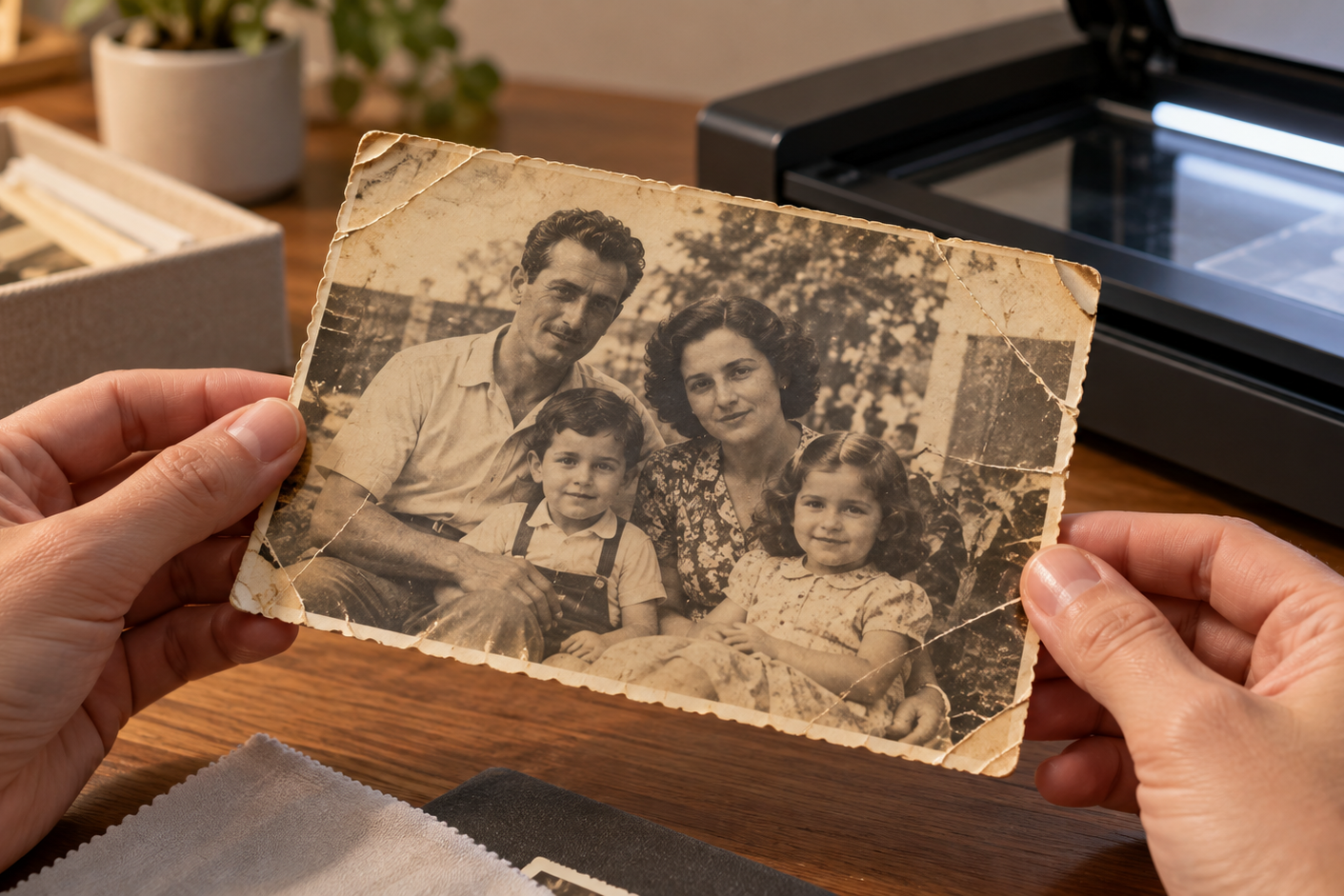 Foto antiga sendo preparada para digitalização e restauração digital.
