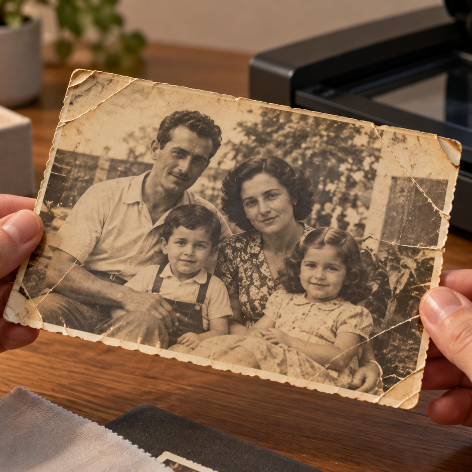 Foto antiga sendo preparada para digitalização e restauração digital.