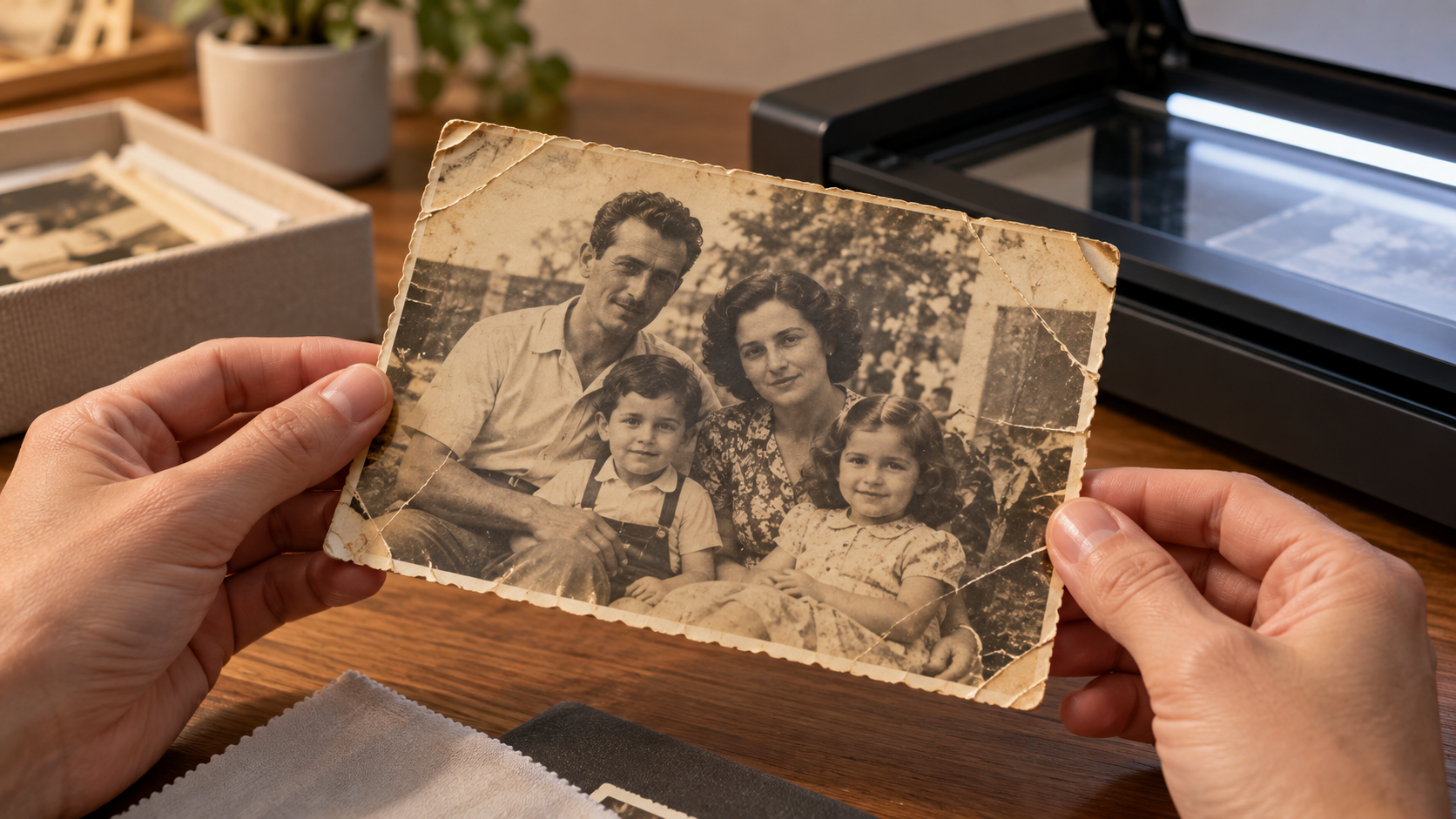 Foto antiga sendo preparada para digitalização e restauração digital.
