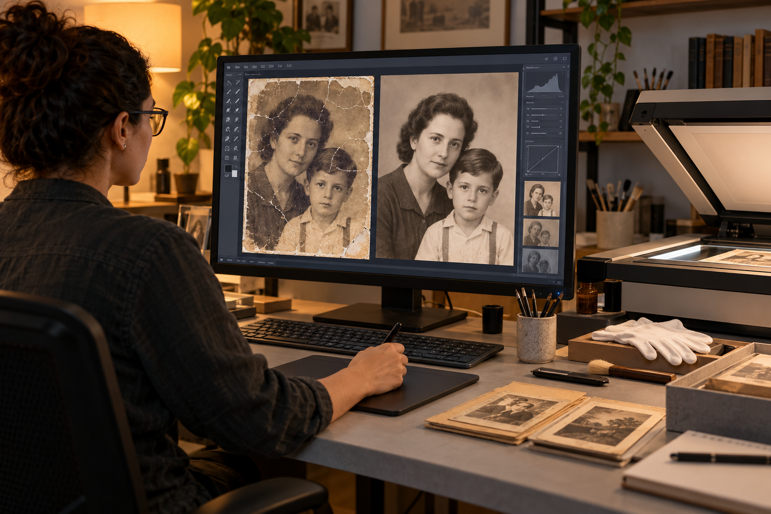 Profissional comparando a digitalização original e uma foto restaurada em monitor.