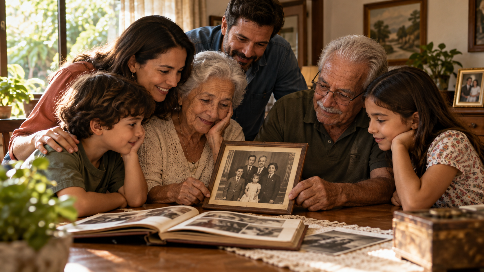 Família observando uma foto antiga restaurada em álbum.